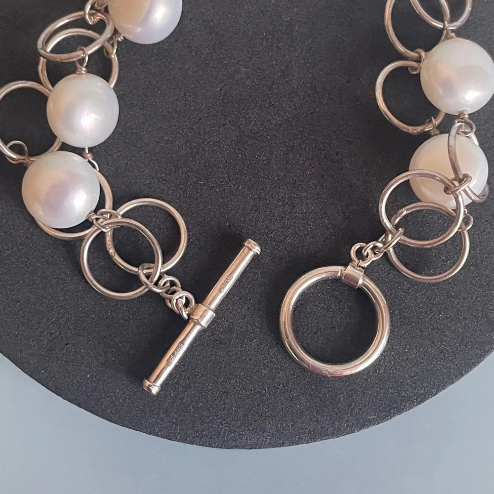 Vintage 925 Sterling Silver Double-Strand Bracelet Freshwater Pearl Toggle Clasp - Picture 3 of 5